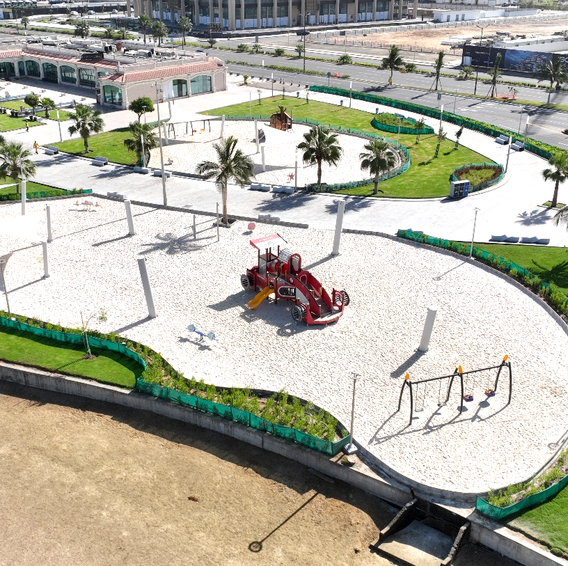 Aerial view of a constructed public park and recreation landscape